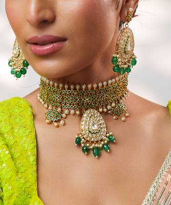 Gold plated kundan green stones choker necklace set 4