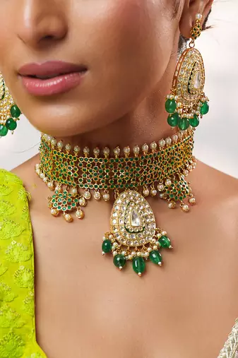 Gold plated kundan green stones choker necklace set