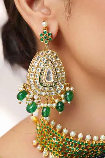 Gold plated kundan green stones choker necklace set