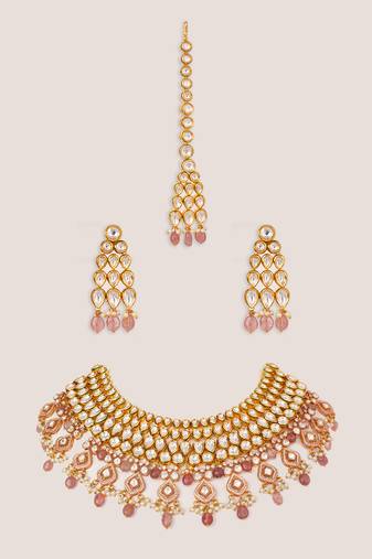 Gold plated kundan pink stone necklace set
