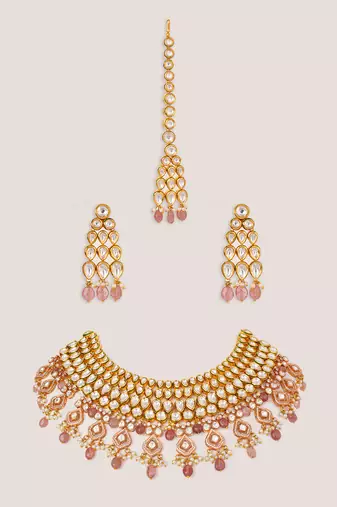 Gold plated kundan pink stone necklace set