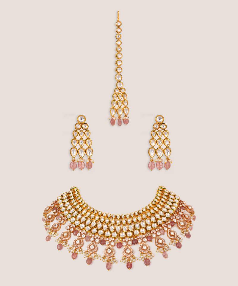 Gold plated kundan pink stone necklace set