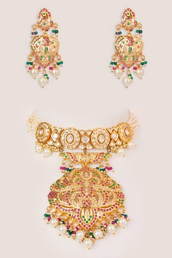 Gold plated kundan multicolor stones choker necklace set