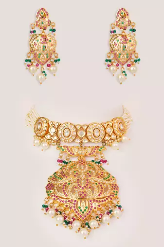 Gold plated kundan multicolor stones choker necklace set