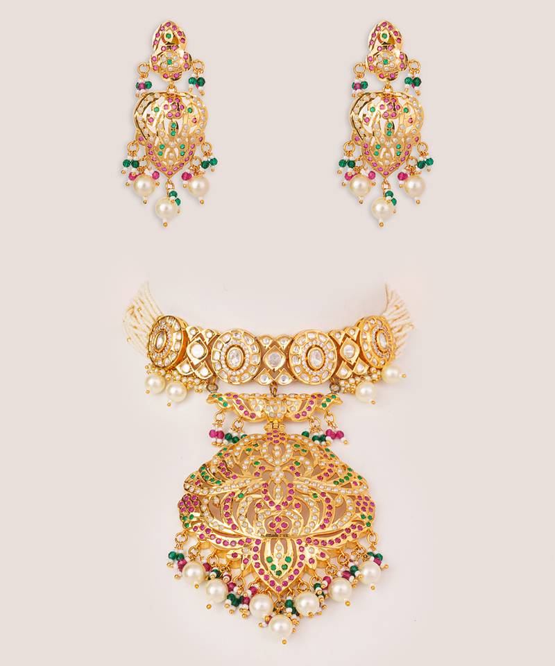 Gold plated kundan multicolor stones choker necklace set