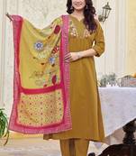 Ethnic Motifs Embroidered Thread Work Dubbu Cotton Kurta With Trouser & Dupatta