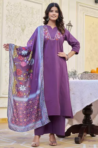 Ethnic Motifs Embroidered Thread Work Dubbu Cotton Kurta With Trouser & Dupatta