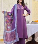 Ethnic Motifs Embroidered Thread Work Dubbu Cotton Kurta With Trouser & Dupatta