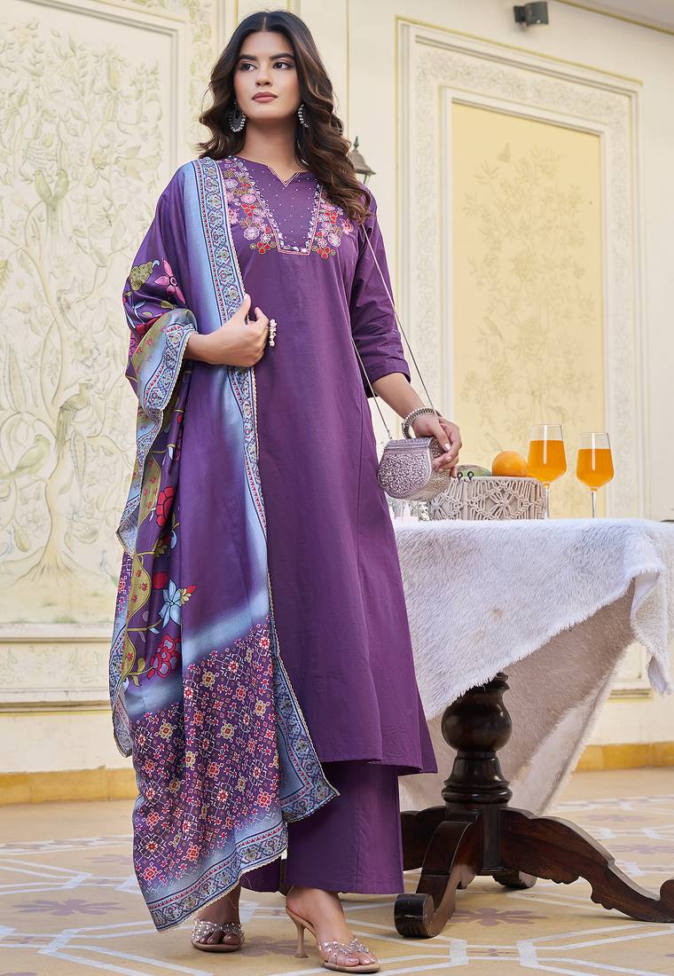 Ethnic Motifs Embroidered Thread Work Dubbu Cotton Kurta With Trouser & Dupatta