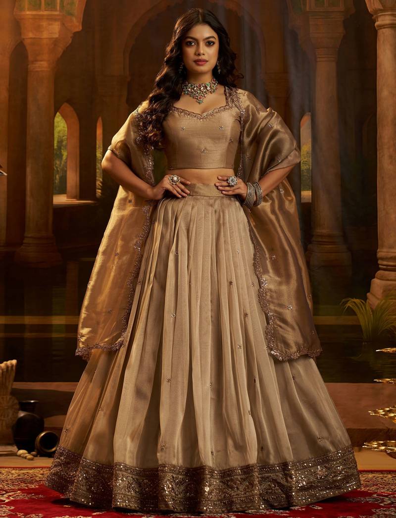 brown sequins organza lehenga set choli with dupatta