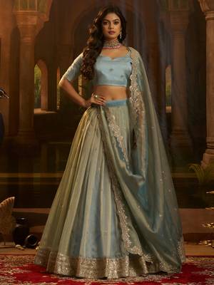 blue dori embroidered organza lehenga set choli with dupatta 1