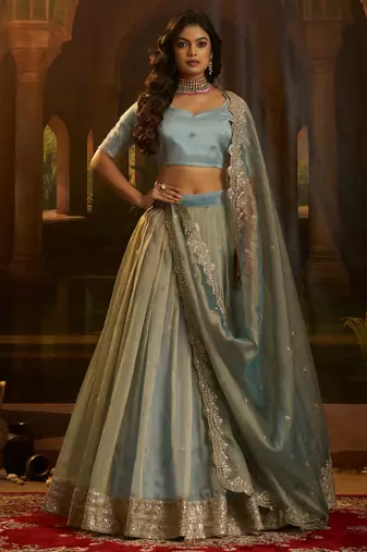 blue dori embroidered organza lehenga set choli with dupatta