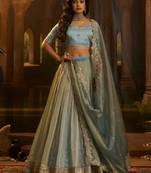 blue dori embroidered organza lehenga set choli with dupatta