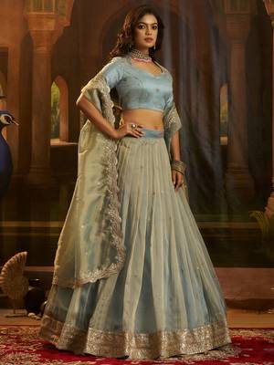 blue dori embroidered organza lehenga set choli with dupatta 2