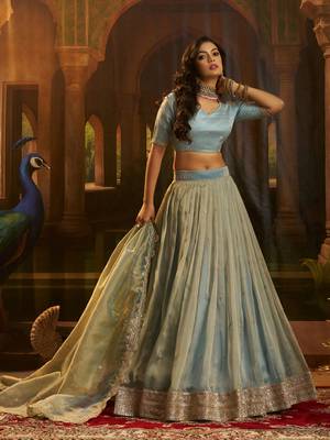 blue dori embroidered organza lehenga set choli with dupatta 3