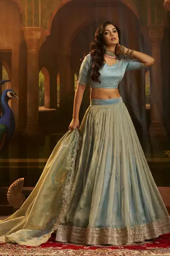 blue dori embroidered organza lehenga set choli with dupatta