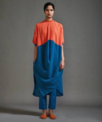 Orange and blue cotton kurta set 1