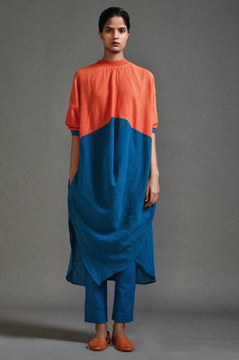 Orange and blue cotton kurta set