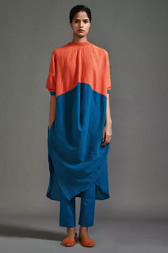 Orange and blue cotton kurta set