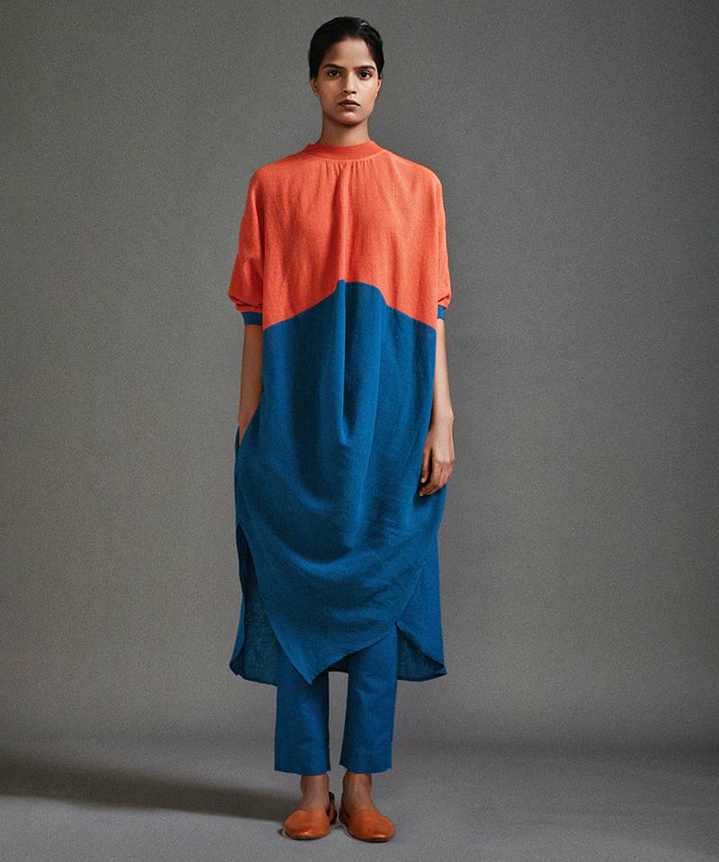 Orange and blue cotton kurta set
