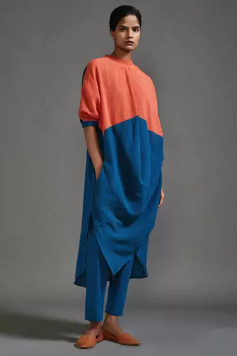Orange and blue cotton kurta set