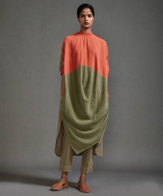 Orange and green cotton kurta set 1