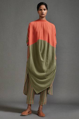 Orange and green cotton kurta set