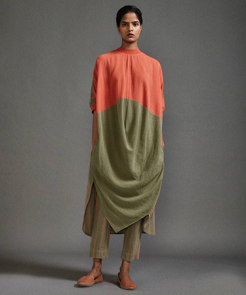 Orange and green cotton kurta set