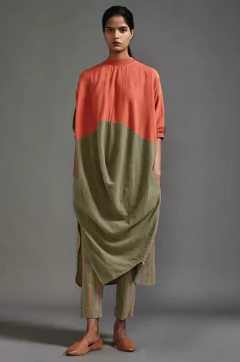 Orange and green cotton kurta set