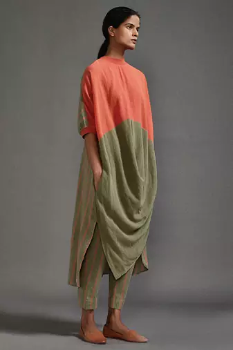 Orange and green cotton kurta set