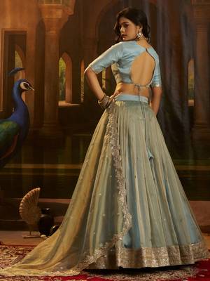 blue dori embroidered organza lehenga set choli with dupatta 7