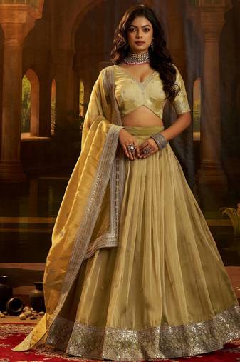 golden embroidered organza party lehenga set choli with dupatta