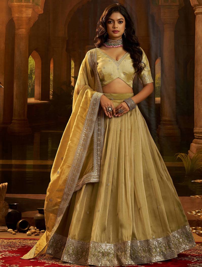 golden embroidered organza party lehenga set choli with dupatta