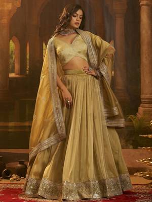 golden embroidered organza party lehenga set choli with dupatta 2