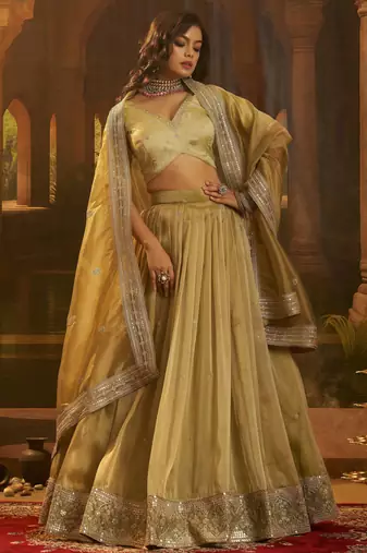 golden embroidered organza party lehenga set choli with dupatta