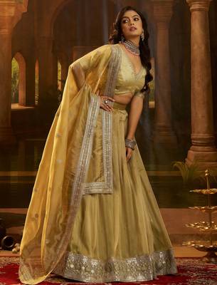golden embroidered organza party lehenga set choli with dupatta 3