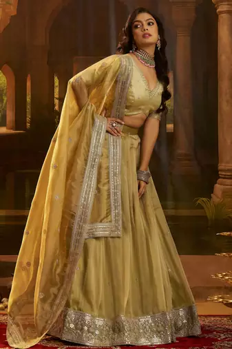 golden embroidered organza party lehenga set choli with dupatta