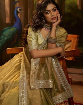 golden embroidered organza party lehenga set choli with dupatta 4