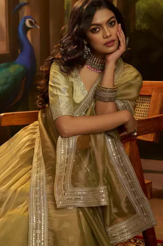 golden embroidered organza party lehenga set choli with dupatta