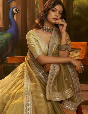 golden embroidered organza party lehenga set choli with dupatta 5
