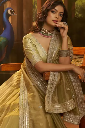 golden embroidered organza party lehenga set choli with dupatta