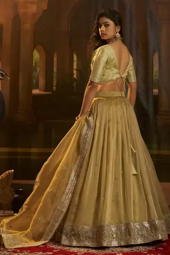 golden embroidered organza party lehenga set choli with dupatta