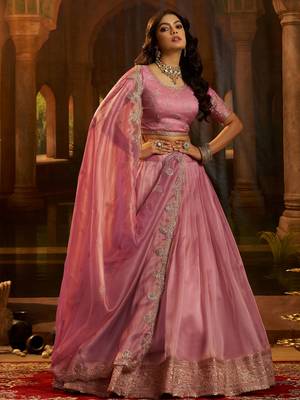  pink dori embroidered organza lehenga set choli with dupatta 1