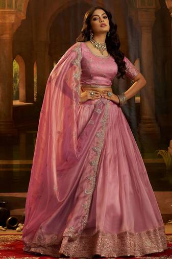  pink dori embroidered organza lehenga set choli with dupatta