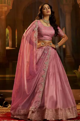 pink dori embroidered organza lehenga set choli with dupatta