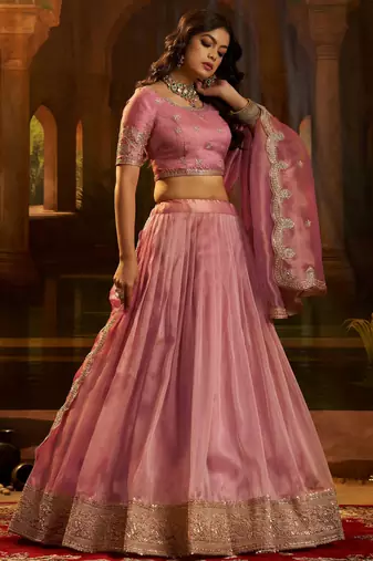  pink dori embroidered organza lehenga set choli with dupatta