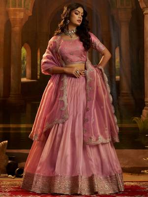  pink dori embroidered organza lehenga set choli with dupatta 3