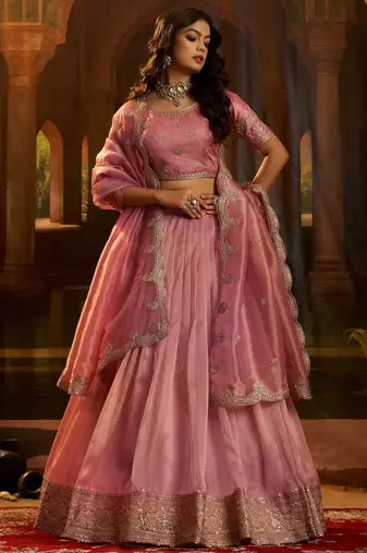  pink dori embroidered organza lehenga set choli with dupatta