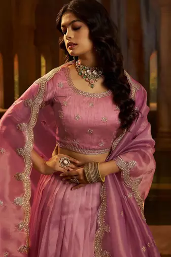  pink dori embroidered organza lehenga set choli with dupatta
