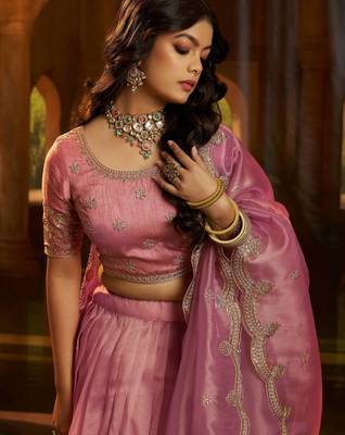  pink dori embroidered organza lehenga set choli with dupatta 5